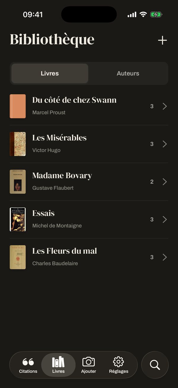 La bibliothèque : cinq livres avec leurs couvertures et le nombre de citations