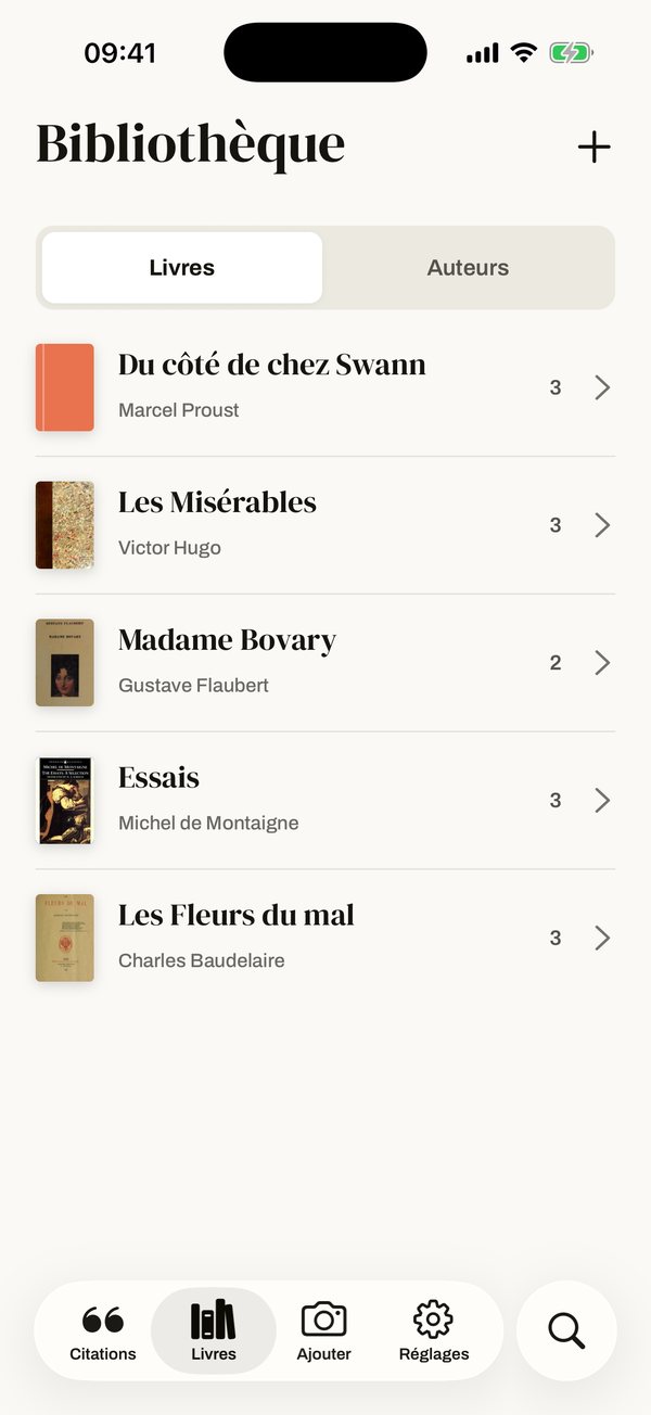 La bibliothèque : cinq livres avec leurs couvertures et le nombre de citations